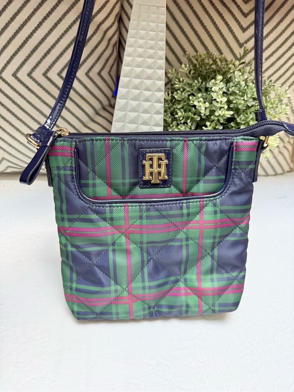 Tommy Hilfiger Navy Nylon Plaid Quilted Crossbody